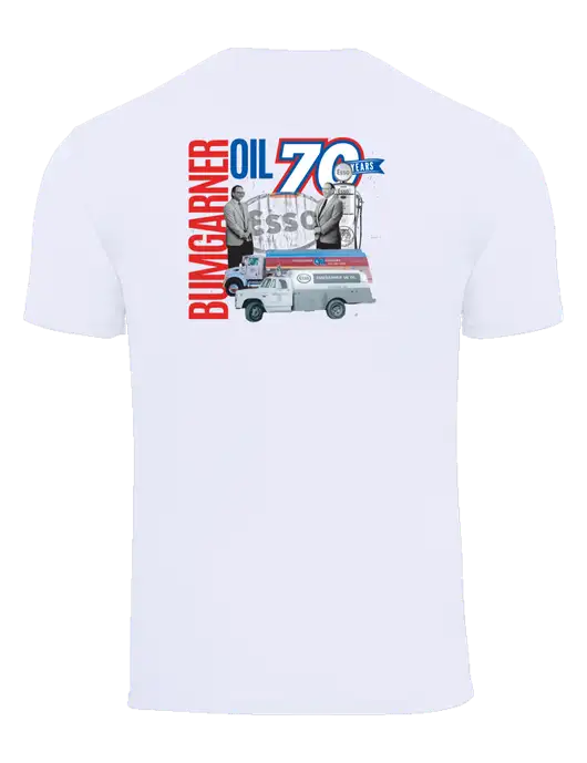 White Heavyweight 6.1 oz T-Shirt w/70 Year Design Logo, 70 Year Drinkware Design Logo