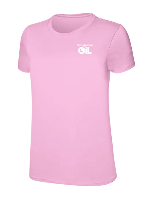Womens Ring Spun Candy Pink 4.5 oz T-Shirt w/Bumgarner Oil Logo