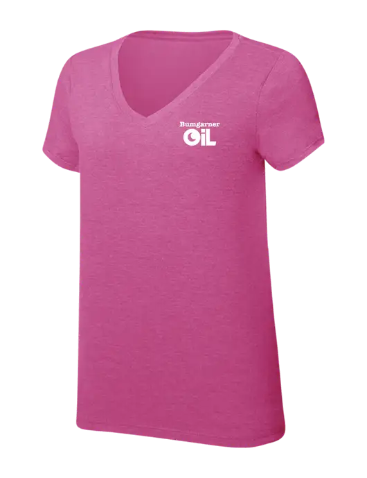 Womens Simply Soft V-Neck Fuschia Frost 4.5oz  Poly/Combed Ring Spun Cotton T-Shirt w/Bumgarner Oil Logo