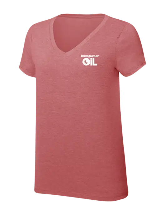Womens Simply Soft V-Neck Blush Frost 4.5oz  Poly/Combed Ring Spun Cotton T-Shirt w/Bumgarner Oil Logo