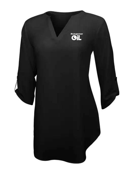 Womens Black 3/4 Sleeve Tunic Blouse w/Bumgarner Oil Logo