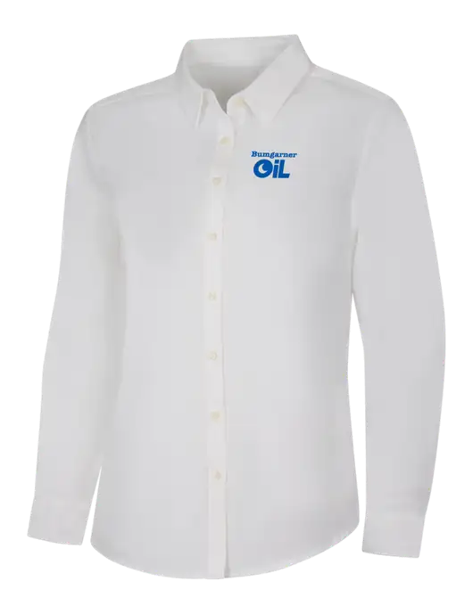 Womens White Long Sleeve Superpro React Twill Shirt w/Bumgarner Oil Logo