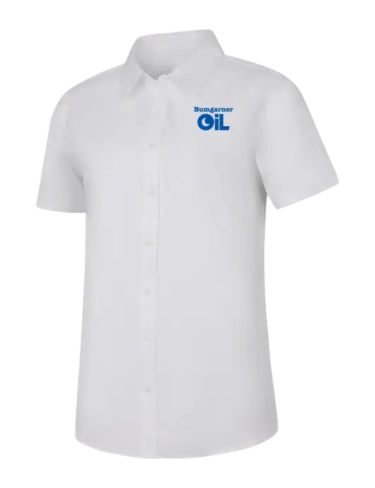Womens White Short Sleeve Superpro React Twill Shirt w/Bumgarner Oil Logo