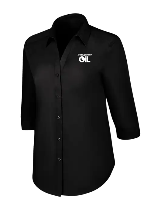 Womens Black 3/4 Sleeve Carefree Poplin Shirt w/Bumgarner Oil Logo