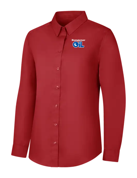 Womens Rich Red  Long Sleeve Carefree Poplin Shirt w/Bumgarner Oil Logo