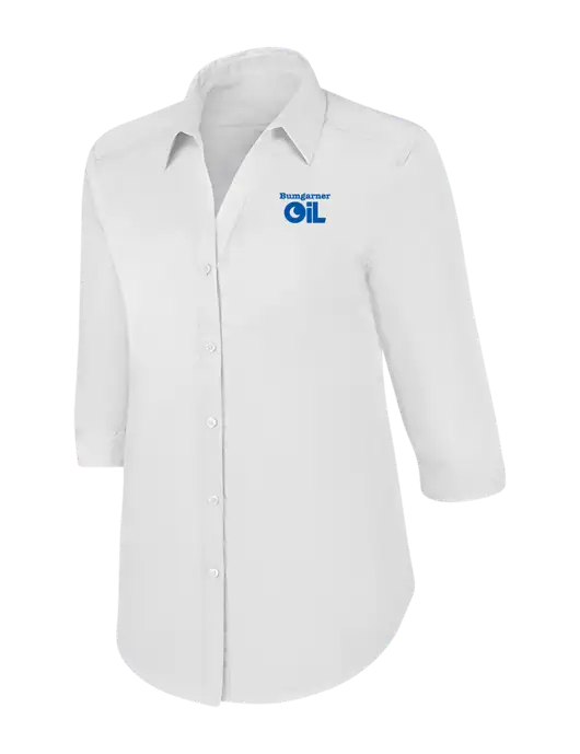 Womens White 3/4 Sleeve Carefree Poplin Shirt w/Bumgarner Oil Logo