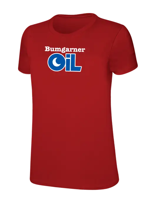 Womens Ring Spun Bright Red 4.5 oz T-Shirt w/Bumgarner Oil Logo