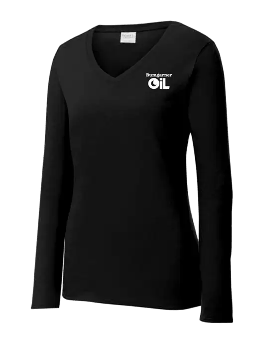 Womens V-Neck Ring Spun Jet Black 4.5 oz Long Sleeve T-Shirt w/Bumgarner Oil Logo