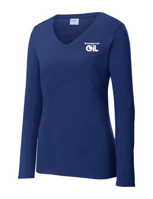Womens  V-Neck Ring Spun Navy 4.5 oz Long Sleeve T-Shirt w/Bumgarner Oil Logo