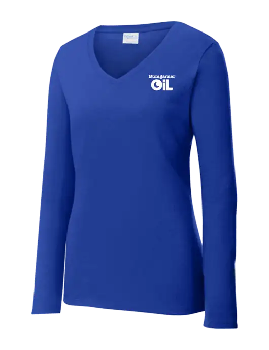 Womens  V-Neck Ring Spun Royal 4.5 oz Long Sleeve T-Shirt w/Bumgarner Oil Logo