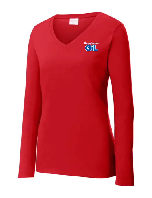 Womens  V-Neck Ring Spun Bright Red 4.5 oz Long Sleeve T-Shirt w/Bumgarner Oil Logo