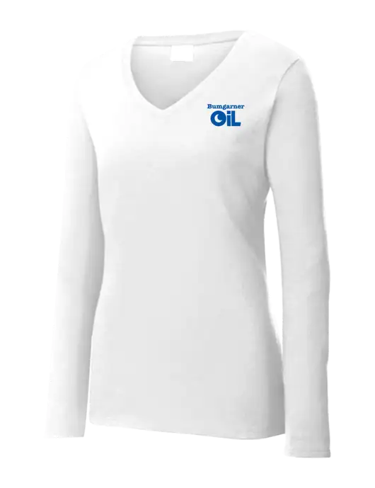 Womens  V-Neck Ring Spun White 4.5 oz Long Sleeve T-Shirt w/Bumgarner Oil Logo