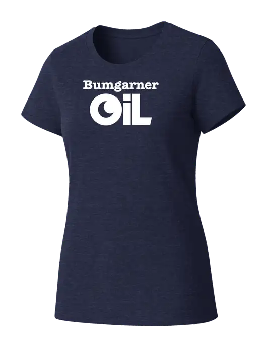 Womens Seriously Soft Heathered Navy T-Shirt w/Bumgarner Oil Logo