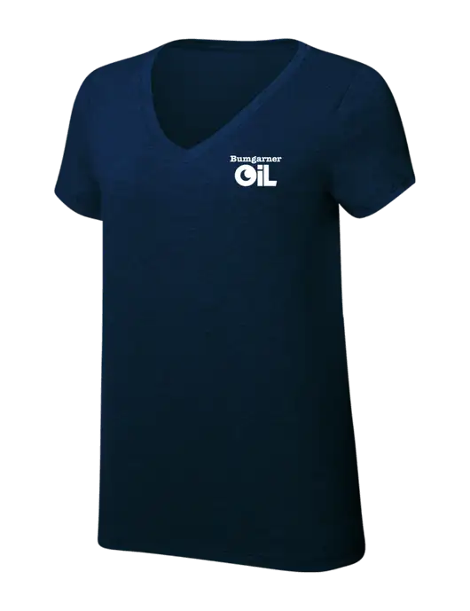 Womens Simply Soft V-Neck New Navy 4.5oz  Poly/Combed Ring Spun Cotton T-Shirt w/Bumgarner Oil Logo