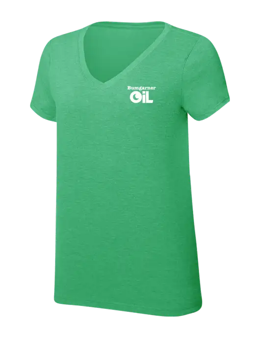 Womens Simply Soft V-Neck Green Frost 4.5oz  Poly/Combed Ring Spun Cotton T-Shirt w/Bumgarner Oil Logo