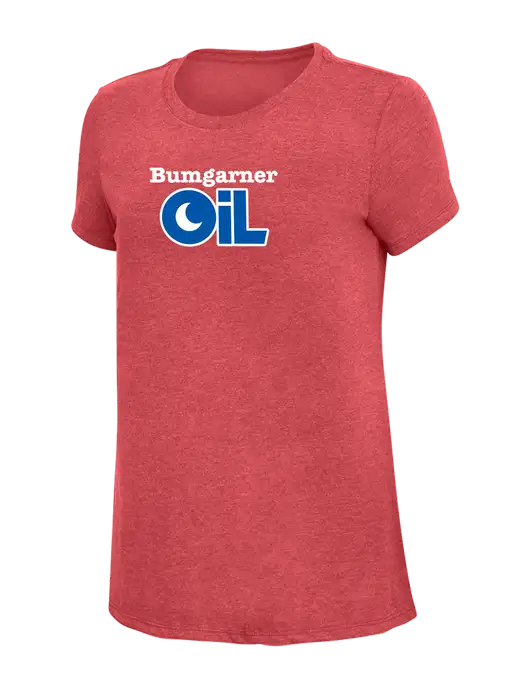 Womens Simply Soft Red Frost 4.5oz Poly/Combed Ring Spun Cotton T-Shirt w/Bumgarner Oil Logo