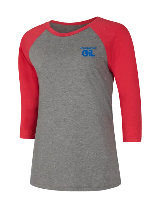 Womens Simply Soft 3/4 Sleeve Red Frost/Grey Frost Ring Spun Cotton T-Shirt w/Bumgarner Oil Logo