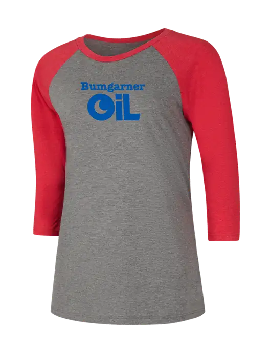 Womens Simply Soft 3/4 Sleeve Red Frost/Grey Frost Ring Spun Cotton T-Shirt w/Bumgarner Oil Logo