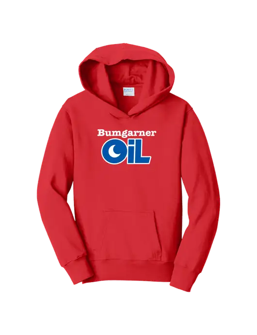 Youth Bright Red 8.5 oz Ring Spun Pullover Hooded Sweatshirt w/Bumgarner Oil Logo