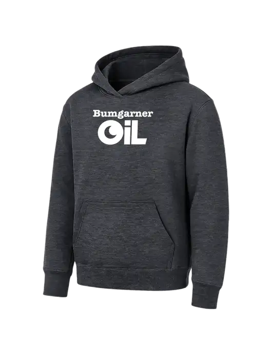 Youth Dark Heather Grey 7.8 oz Pullover Hooded Sweatshirt w/Bumgarner Oil Logo