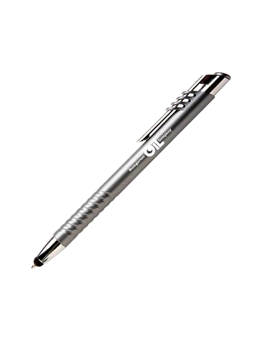 Schirhart Grey Stylus Pen - Blue Ink w/Bumgarner Oil Logo