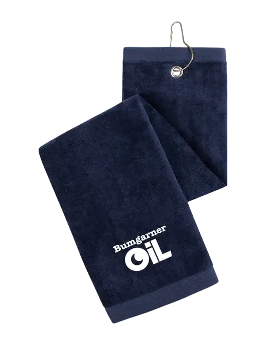 Navy Tri-Fold Golf Towel with Grommet w/Bumgarner Oil Logo