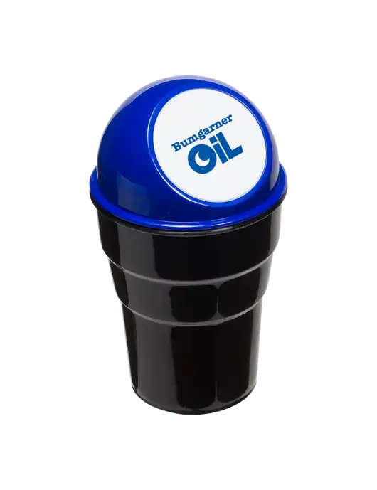 Blue Car Cup Holder Trash Can w/Bumgarner Oil Logo