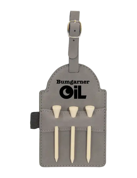 Grey Leatherette Golf Bag Tag with 3 Wooden Tees w/Bumgarner Oil Logo