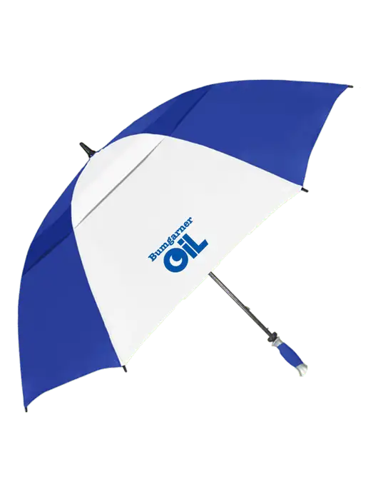 Royal/White Vented Typhoon Tamer Golf Umbrella w/Bumgarner Oil Logo