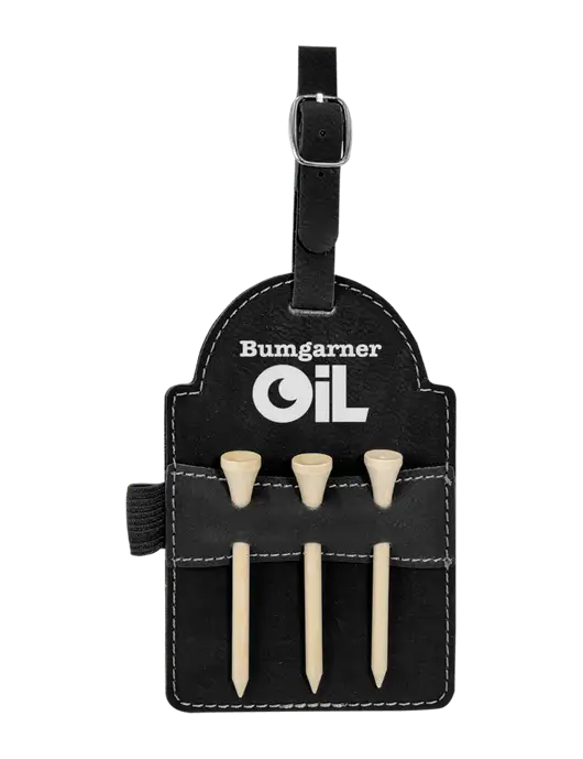 Black Leatherette Golf Bag Tag with 3 Wooden Tees w/Bumgarner Oil Logo