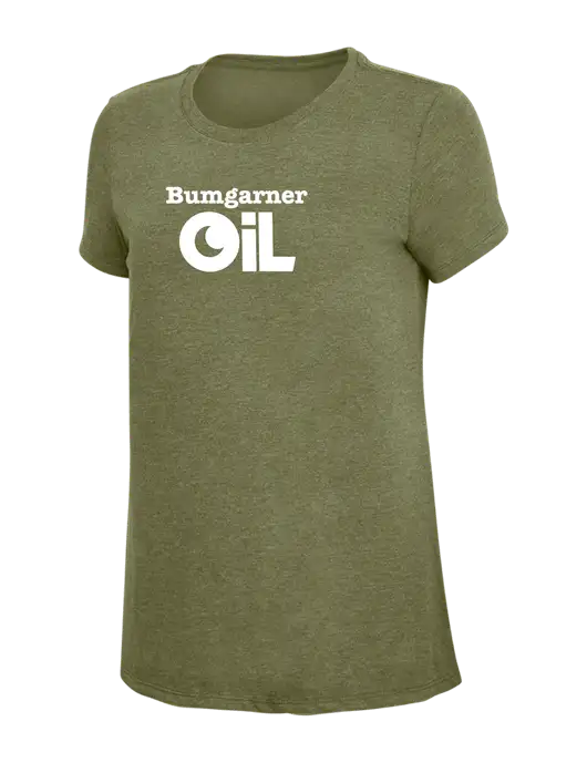 Womens Simply Soft Military Green Frost 4.5oz Poly/Combed Ring Spun Cotton T-Shirt
 w/Bumgarner Oil Logo