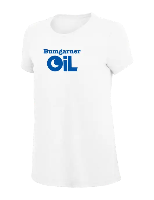 Womens Simply Soft White 4.5oz Poly/Combed Ring Spun Cotton T-Shirt
 w/Bumgarner Oil Logo