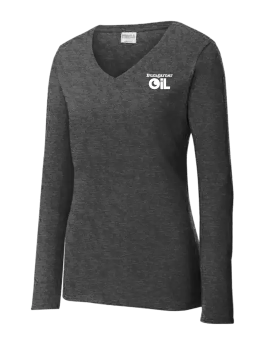 Womens  V-Neck Ring Spun Dark Heather Grey 4.5 oz Long Sleeve T-Shirt w/Bumgarner Oil Logo
