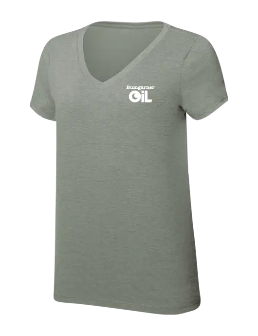 Womens Simply Soft V-Neck Heather Sage 4.5oz  Poly/Combed Ring Spun Cotton T-Shirt w/Bumgarner Oil Logo
