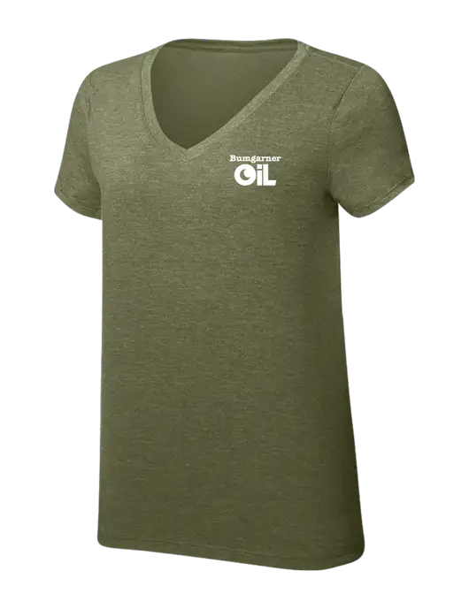 Womens Simply Soft V-Neck Military Green Frost 4.5oz  Poly/Combed Ring Spun Cotton T-Shirt w/Bumgarner Oil Logo