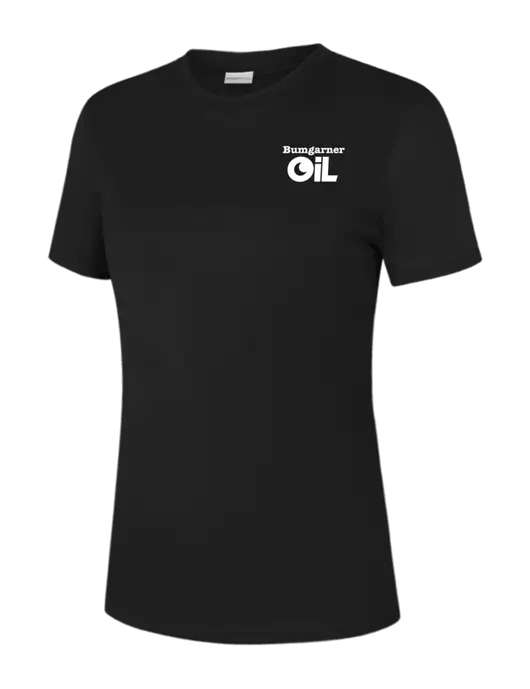 Womens Black PosiCharge Competitor Tee w/Bumgarner Oil Logo