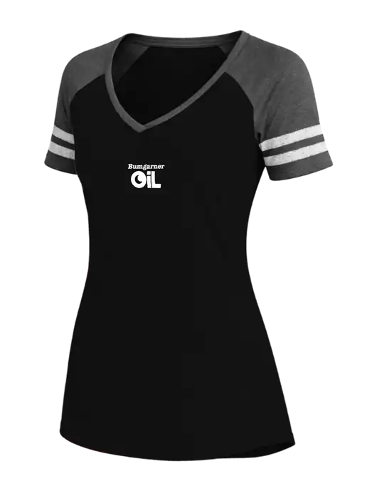 Womens Black/Charcoal Heather V-Neck Game Tee w/Bumgarner Oil Logo