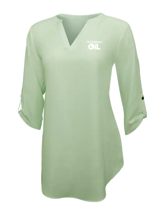 Very Light Green Womens 3/4 Sleeve Tunic Blouse w/Bumgarner Oil Logo