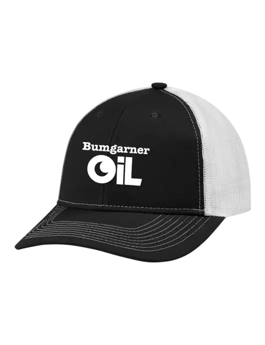 Snapback Ponytail Trucker Cap Black w/White Mesh w/Bumgarner Oil Logo