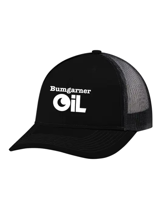 Snapback Ponytail Trucker Cap Black w/Black Mesh w/Bumgarner Oil Logo