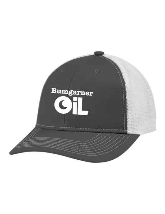 Snapback Ponytail Trucker Cap Dark Grey w/White Mesh w/Bumgarner Oil Logo