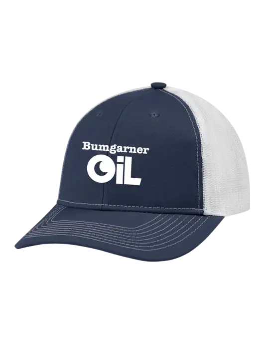 Snapback Ponytail Trucker Cap Navy w/White Mesh w/Bumgarner Oil Logo