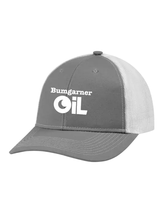 Snapback Ponytail Trucker Cap Light Medium Heather Grey w/White Mesh w/Bumgarner Oil Logo