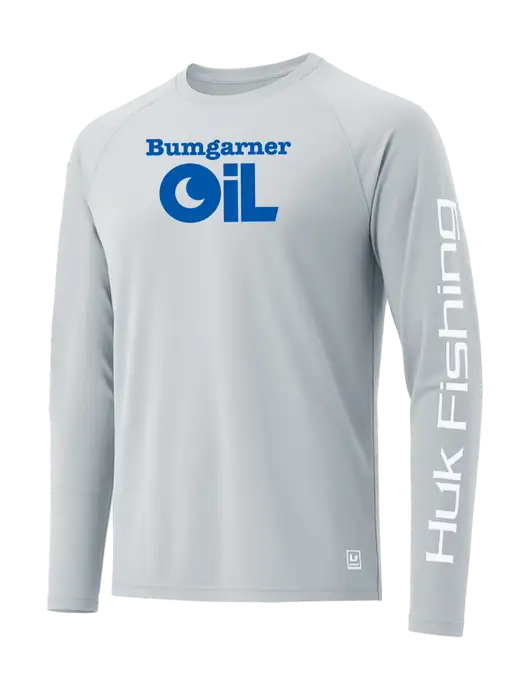 HUK Light Grey LoPro Pursuit Long Sleeve T-Shirt w/Bumgarner Oil Logo