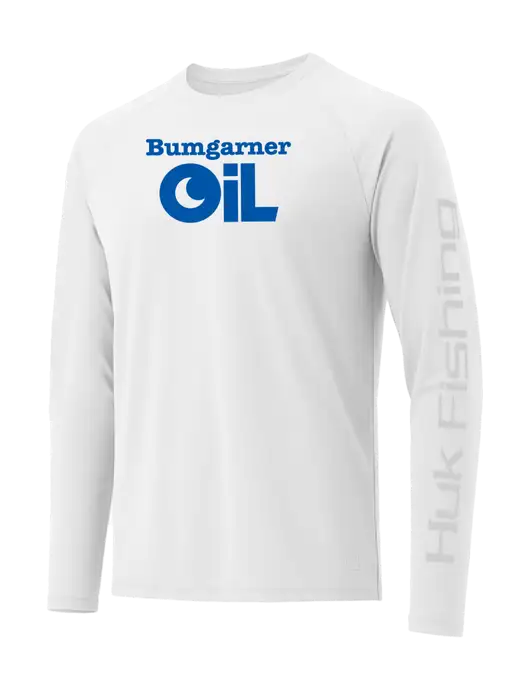 HUK White LoPro Pursuit Long Sleeve T-Shirt w/Bumgarner Oil Logo