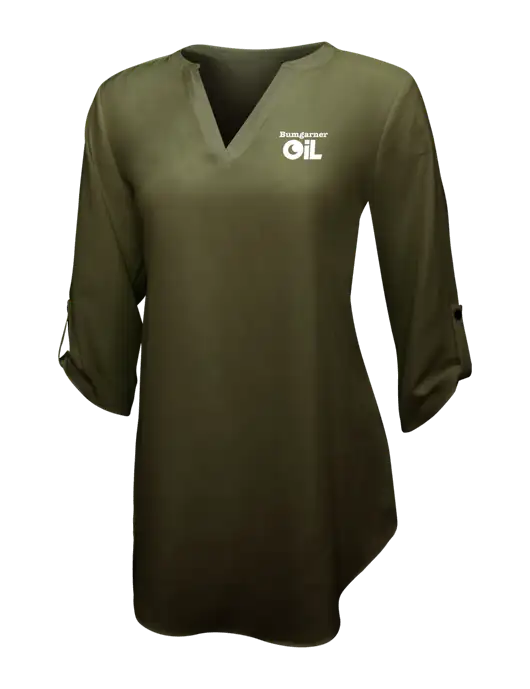 Womens Dark Olive 3/4 Sleeve Tunic Blouse w/Bumgarner Oil Logo