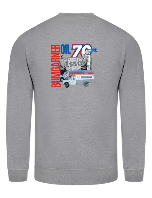 Light Grey Heather 7.8 oz Ring Spun Crew Sweatshirt w/70 Year Design Logo, 70 Year Drinkware Design Logo