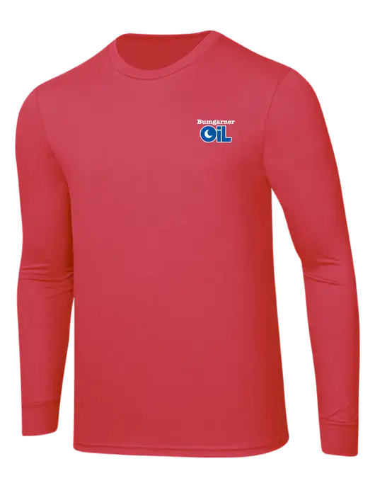 Simply Soft Long Sleeve Red Frost 4.5 oz, Poly/Combed Ring Spun Cotton T-Shirt w/Bumgarner Oil Logo