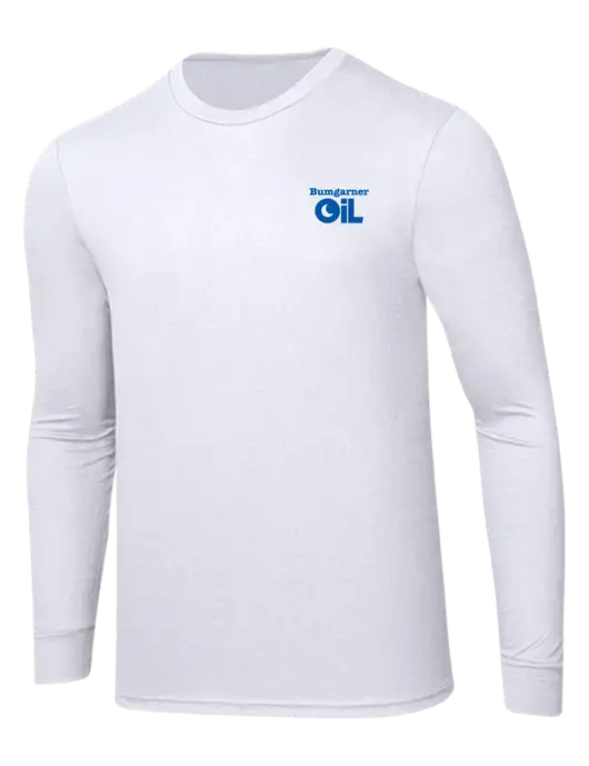 Simply Soft Long Sleeve White 4.5 oz, Poly/Combed Ring Spun Cotton T-Shirt w/Bumgarner Oil Logo