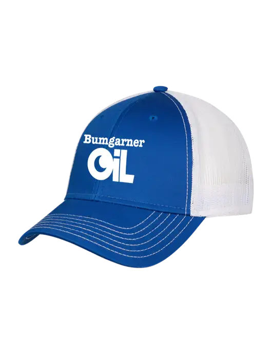 Royal & White Mesh Trucker Cap Snap Back w/Bumgarner Oil Logo